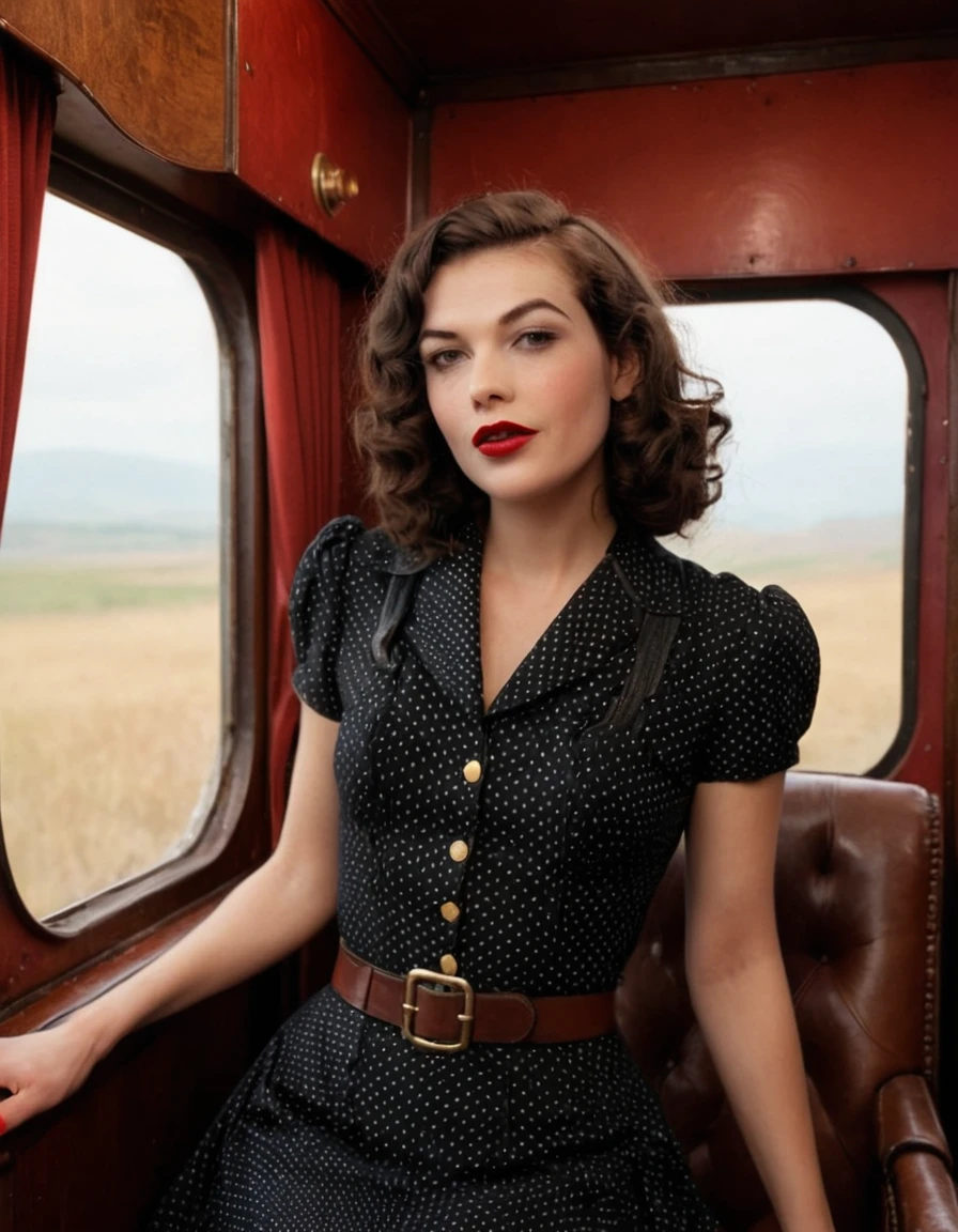 woman, closeup ,On a vintage steam train, with the landscape blurring past and the charm of yesteryear all around, a cinematic photo captures a journey through time. Full body shot focus, Photorealistic portrait in breathtaking detail, photo scanned at ultra-high resolution, inspired by Helmut Newton and Peter Lindbergh. Warm, nostalgic light, historical train interior backdrop, an expression of wistful exploration, matte red lips, hair styled in loose, vintage curls, wearing a 1940s inspired dress, a leather belt cinching the waist, and classic Mary Jane shoes, evoking the romance of travel's golden age. 35mm photograph, film, bokeh, professional, 4k, highly detailed.