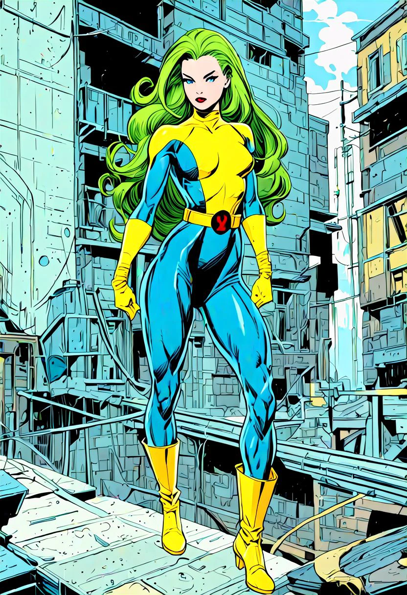 xmblzxl, 1girl, blue eyes, solo, green hair, long hair, yellow footwear, gloves, boots, bodysuit, belt, two tone bodysuit, yellow bodysuit, blue bodysuit, outdoors, fashion pose, comic book art, retro art style, masterpiece, best quality, very aesthetic, absurdres