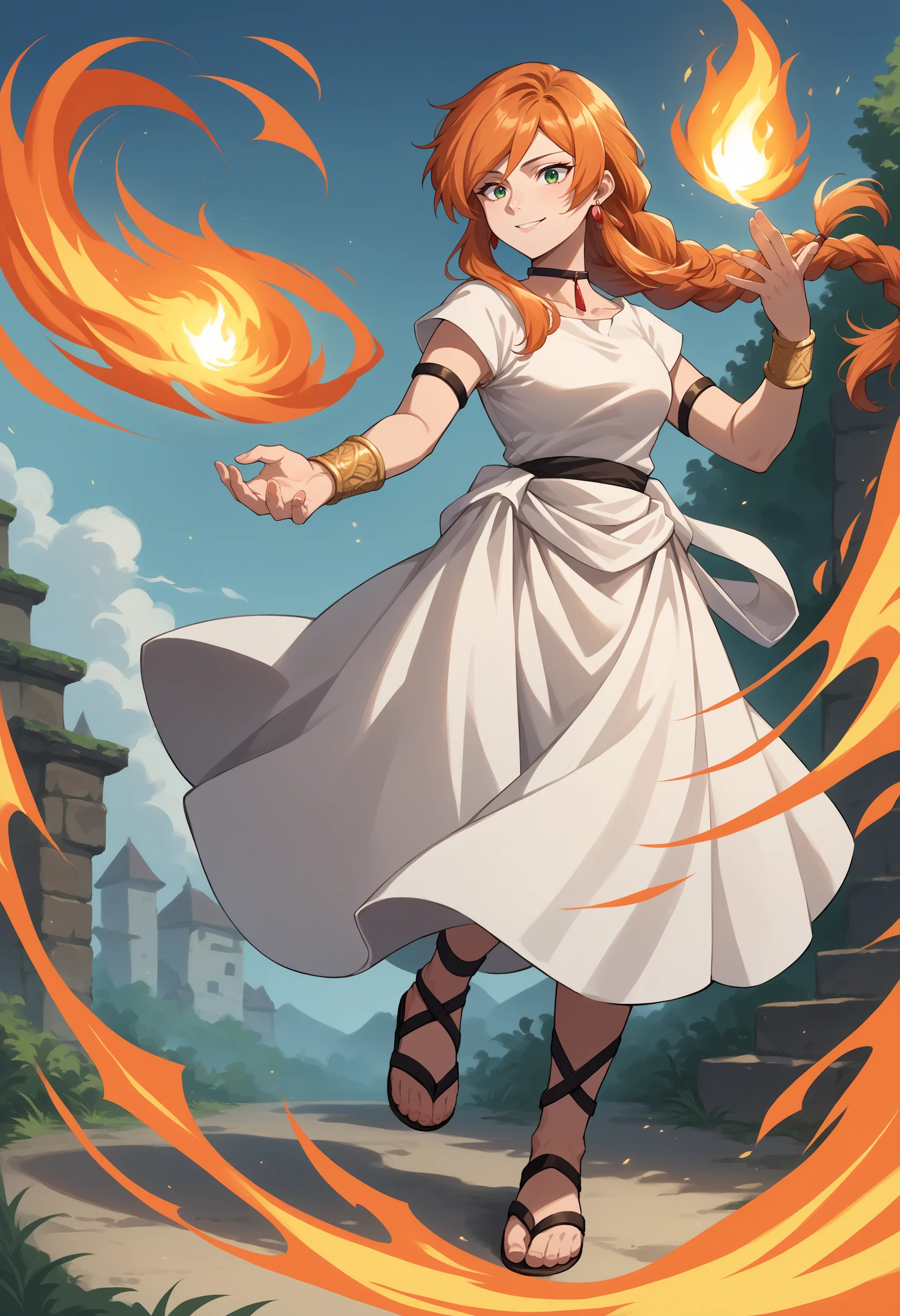 score_9, score_8_up, source_anime, 1girl, solo, FlammeFrieren, orange hair, green eyes, long hair, braided ponytail, earrings, choker, armlet, bracelet, white dress, white sash, short sleeves, sandals, outdoors, spell, magic, fire, smile, <lora:ChamFlammePonyXL:1>