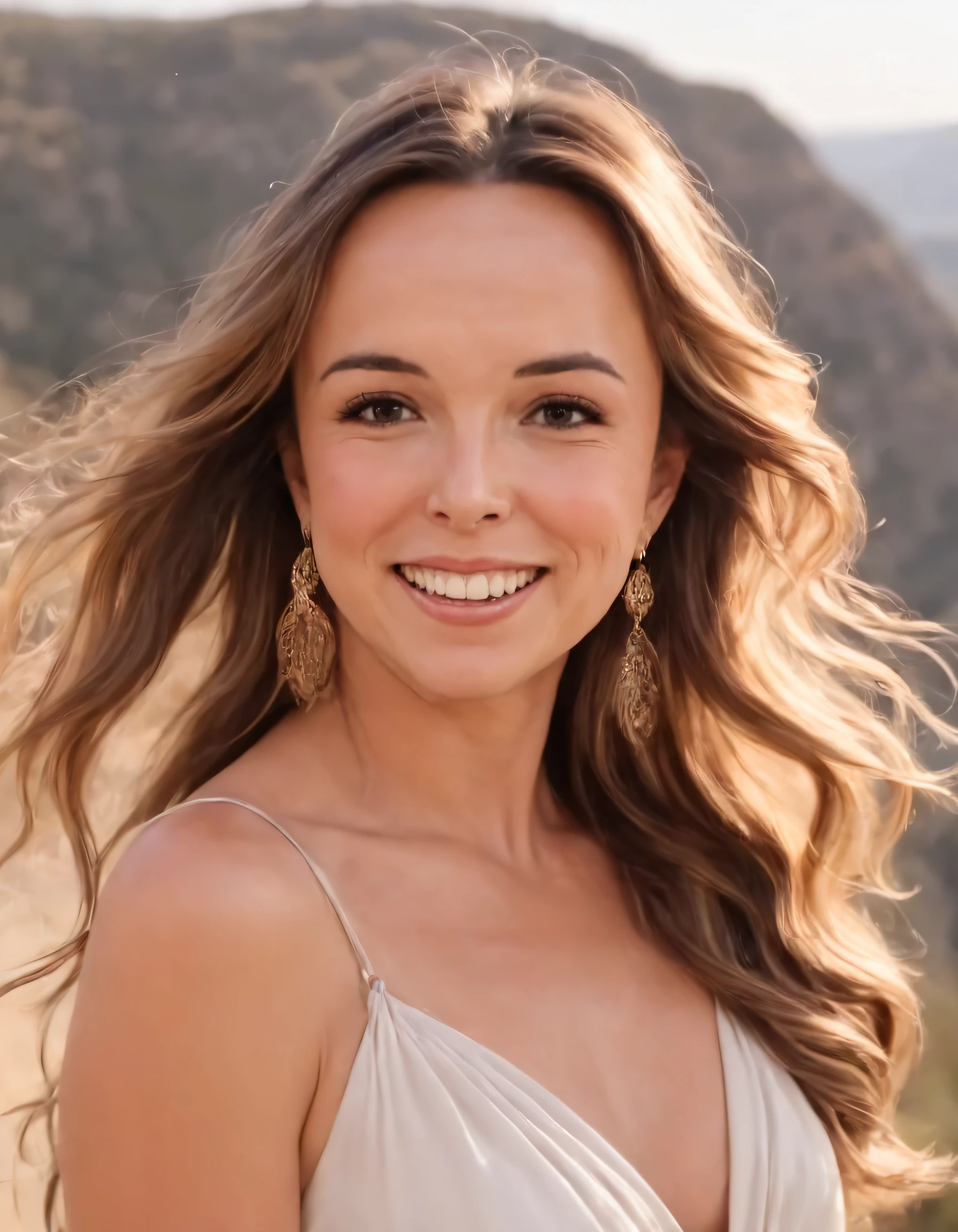 A woman named Pierson, dressed elegantly in her favorite outfit which includes a captivating top and fitted pants, accessorizes with stunning earrings and mesmerizing brown eyes, showcases her long hair flowing gracefully with the wind while standing on the picturesque location of a mountain view. She holds up the camera as she beams at it with an enchanting smile, snapping a beautiful photo that captures every detail of her charming appearance and radiant spirit. pierson <lora:rroizy18e96d9c6f3t58a:1>