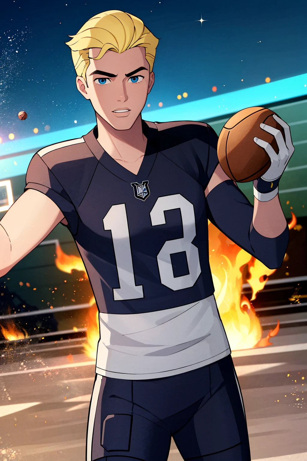 1boy,solo,male focus,blonde hair,short hair,blue eyes,parted lips, ((holding a football, holdingfootball in hand)), motion blur, speed lines, light trails, fire trails,looking at viewer,masterpiece,best quality