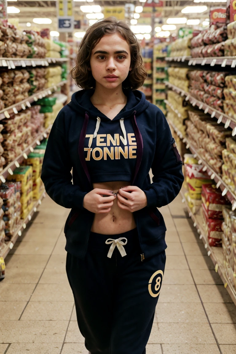 tv_Solomiya_Maievska_M_v2, , , bored expression, wearing a hoodie, wearing yoga pants, wearing sneakers, in a supermarket, walking towards the camera, looking down,, 8k resolution, highres, high detail, sharp focus, detailed skin, 8k uhd,