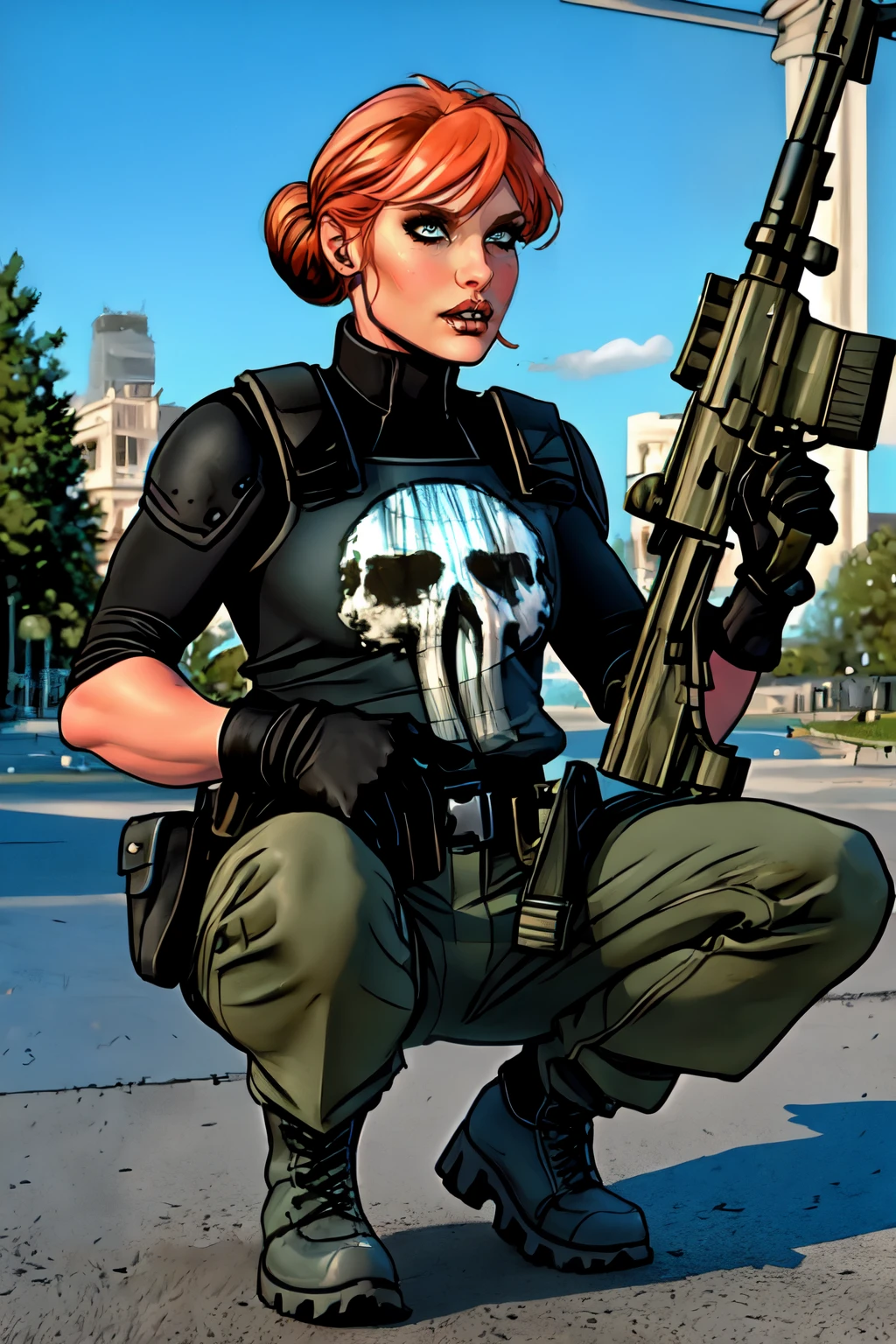 beautiful eyes, beautiful girl, high detail skin, high detail eyes, high detail hair, highres, ultra detailed, sharpen picture, Highly detailed, masterpiece, best quality, photorealistic,
 <lora:Punisher Rachel Cole-AlvesLora:0.9>1girl, short hair, hair bun, skull, top with skull print, gloves, top, belt, pants, thigh holster, pouch, boots, in a park, trees, blue sky, squatting, legs spread, rifle