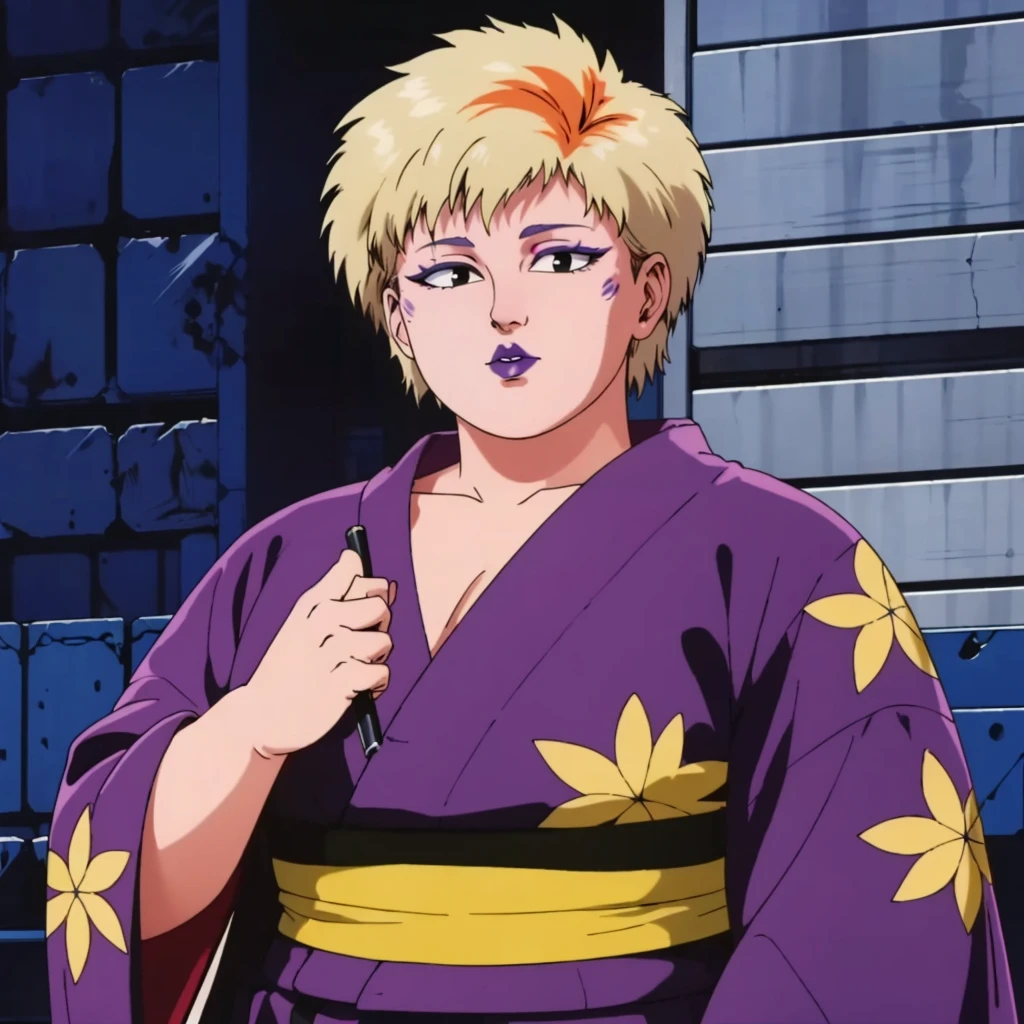 <lora:MZ2Dump001:0.7>,
solo,
MZ2Dump,1girl,multicolored hair,blonde hair,short hair,eyeshadow,black eyes,purple lips,fat,1980s (style),
cowboy shot,print_kimono,