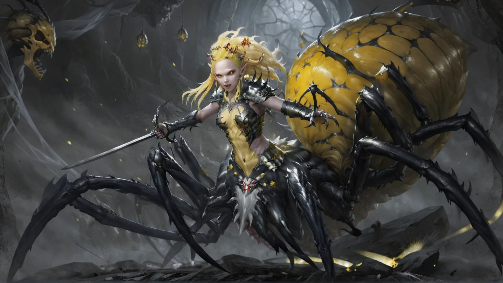 <lora:4r4chn1dXL:0.9> fantasy 4r4chn1d 1girl solo, warrior, arachnid, angry, evil, character focus, Yellow hair, white skin, crystal,weapon,magic, combat stance, attacking, fearsome, scary horror \(theme\),  (in  dreamer's refuge, ethereal landscapes, peaceful slumber, respite from reality:0.5), desktop wallpaper, official_wallpaper, desaturated, atmospheric, concept art, (Masterpiece:1.3) (best quality:1.2) (high quality:1.1)