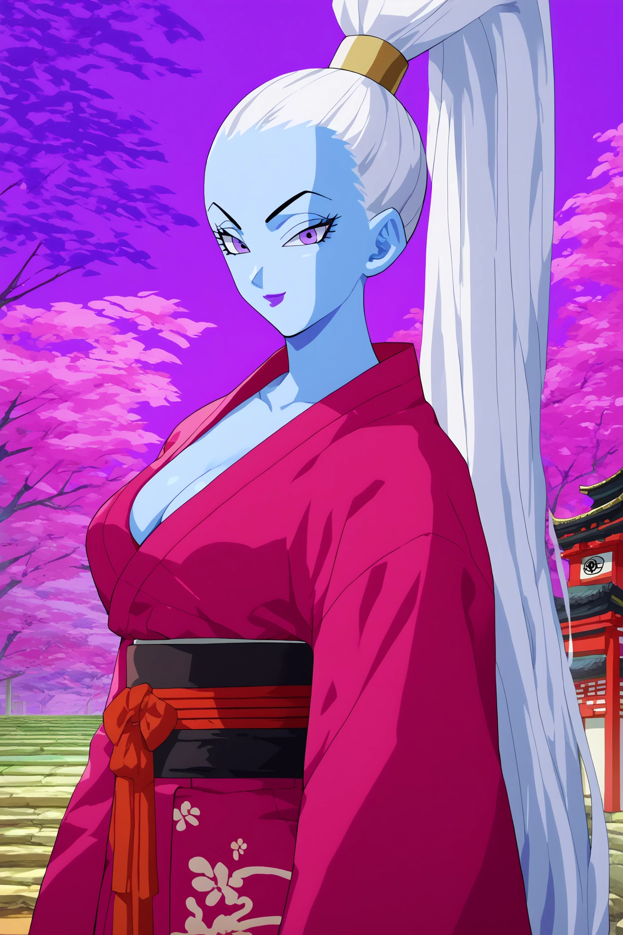 score_9, score_8_up, score_7_up,score_6_up,score_5_up,score_4_up, vados, 1girl, solo,light blue skin, white hair, purple eyes, purple lips, high ponytail,long hair,cowboy shot, japanese forest, shrine, looking at viewer, cleavage, pink kimono,cleavage,long sleeves,japanese architecture,smile,  (from side:0.7) <lora:VadosPony_v1:1>