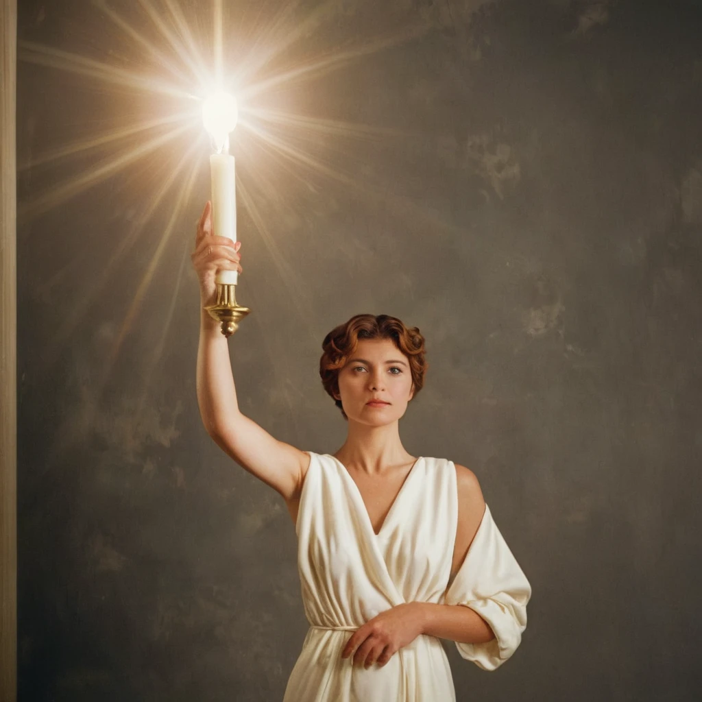 cinematic film still of  <lora:Columbia picture model:1>
Jenny Joseph columbia picture model a woman in a white dress holding up a yellow bright light emitting torch,1girl,solo,short hair,brown hair,dress,standing,arm up,robe,realistic,retro artstyle,candle,fine art parody , realistic, sharp, detailed, classic, model, modeling, photography, artistic, Columbia picture style, shallow depth of field, vignette, highly detailed, high budget, bokeh, cinemascope, moody, epic, gorgeous, film grain, grainy