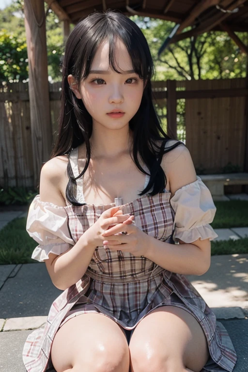 masterpiece、tiny chest、Chest without bulge、flat chest、tiny chest、small tits、undergarment、Plaid、tiny girl、Lori、Small face、length hair、Hair fluttering in the wind、watching at viewers、petite girl in、teens girl、bashfulness