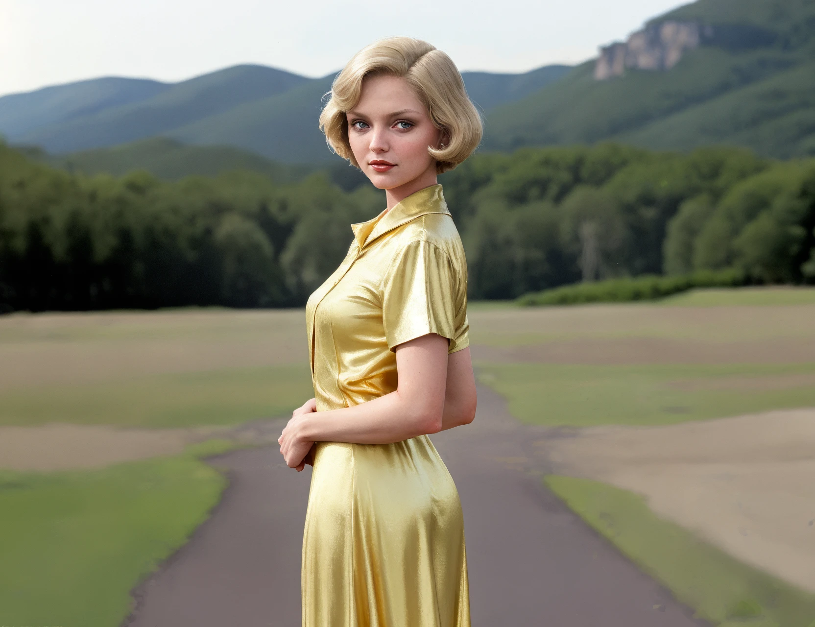 mhpfir wearing a vintage golden dress, prewar [america] outdoors, smug expression, short hair, [realistic], <lora:MhPifr_EQ:1>