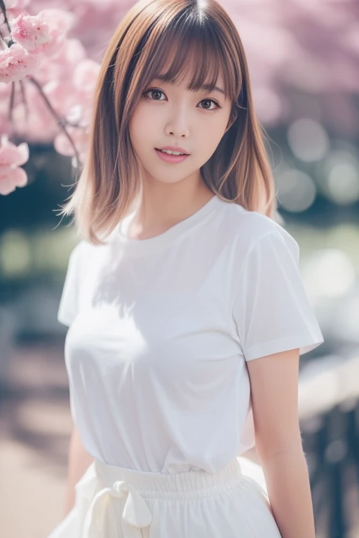 1girl,(RAW photo, best quality), (realistic, photo-realistic:1.4), masterpiece, an extremely delicate and beautiful, extremely detailed, 2k wallpaper, Amazing, finely detail, extremely detailed CG unity 8k wallpaper, ultra-detailed, highres, soft light, beautiful detailed girl, extremely detailed eyes and face, beautiful detailed nose, beautiful detailed eyes,cinematic lighting,perfect anatomy,slender body,
wearing a white tshirt,white skirt,(bokeh:1.2),
at a flower park,sakura flowers,flower garden,
 <lora:ely_lora:0.8>,smile