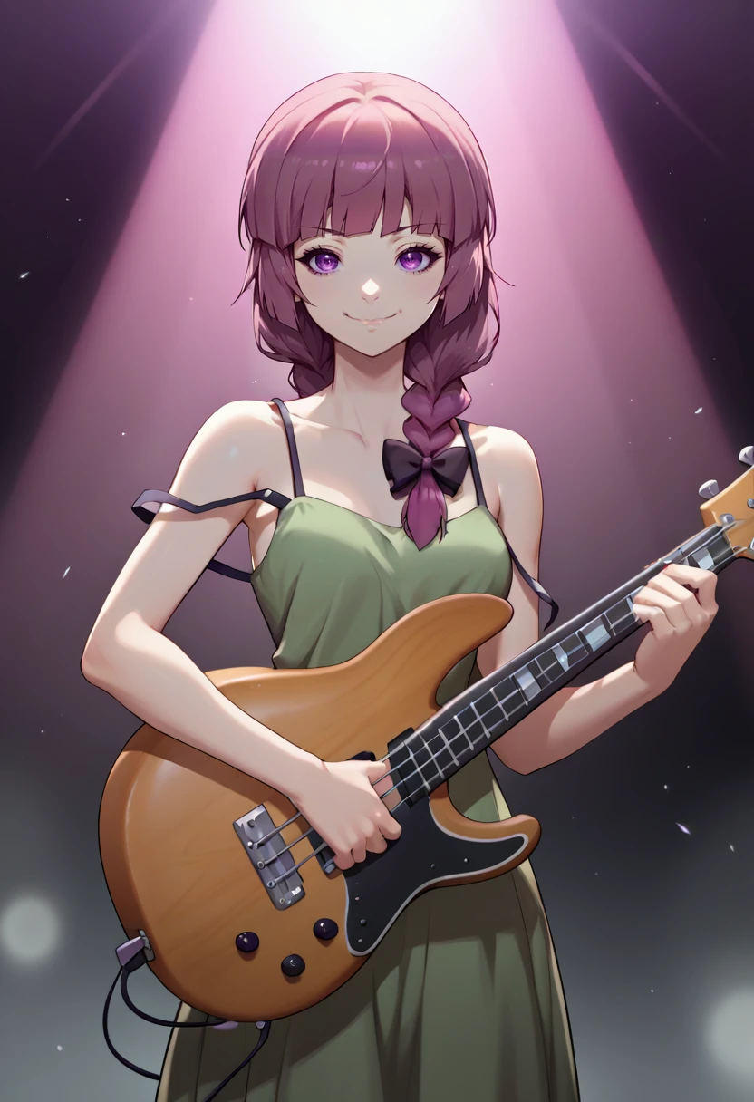 score_9, score_8_up, score_7_up, source_anime, solo, 1girl, hiroi kikuri, smile, closed mouth, looking at viewer, holding bass guitar, single braid, hair over shoulder, hair bow, purple eyes, green dress, strap slip, bare shoulders, spotlight <lora:bocchi_hiroi_ponyXL:1>