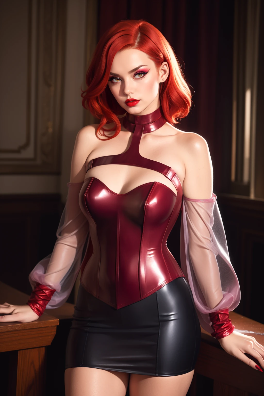 adult beautiful woman, a30n, bright red:1.4 shiny rubber corset,  see-through sleeves,  eyeliner, eyeshadow, makeup, red lips  ((red hair)) clothing cutout  halter neck, high quality, best quality, highres, high detail,  <lora:AFC-46:0.65> sleeveless,  eyeliner, eyeshadow, makeup, ((lip liner)),choker, skirt, grand hall,