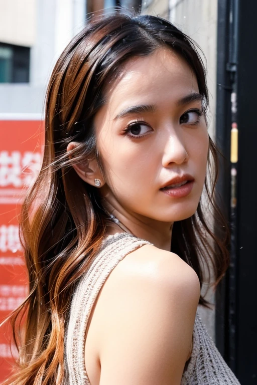 Full face portrait photo of a 25-year-old European girl, RAW, beautiful woman, half-open strawberry lips, dimples, longing look, (extra-long wavy brown hair), (detailed face)), (detailed facial features)), (fine skin), pale skin, (wearing transparent white fluttering tulle) (no underwear), cyberpunk big city environment, (cool tones), damp, damp, reflective, (Masterpiece) (Perfect Proportion) (Realistic Photo) (Best Quality) (Detailed) Shot on Canon EOS R5, 50mm Lens, F/2.8, HDR, (8k) (Wallpaper) (Cinematic Lighting) (Dramatic Lighting) (Sharp Focus) (Complex), RAW Photo, RAW Photo, Gigachad Photo, Pose Camera, Black Jeans, Back Arm, 8k Ultra HD, DSLR, High Quality, Grain Film, Fujifilm XT3