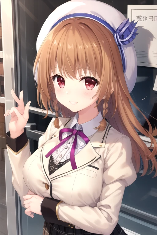 ((masterpiece)),(best quality),official art,extremely detailed CG,unity 8k wallpaper,ultra detailed,beautiful detailed eyes,extremely detailed face,outdoors,1girl,solo,upper body,(portrait:1.5),looking at viewer,facing viewer,smile,Asamiya Shiina,white hat,hat bow,long hair,orange hair,twin braids,side braid,red eyes,school uniform,(white jacket),suit jacket,wing collar,pink neck ribbon,white shirt,collared shirt,center frills,large breasts,underbust,juliet sleeves,puffy sleeves,long sleeves,shirt tucked in,black skirt,pleated skirt,plaid skirt,frilled skirt,pigeon-toed,white thighhighs,zettai ryouiki,mary janes,black footwear,<lora:Asamiya Shiina(ac)>,
