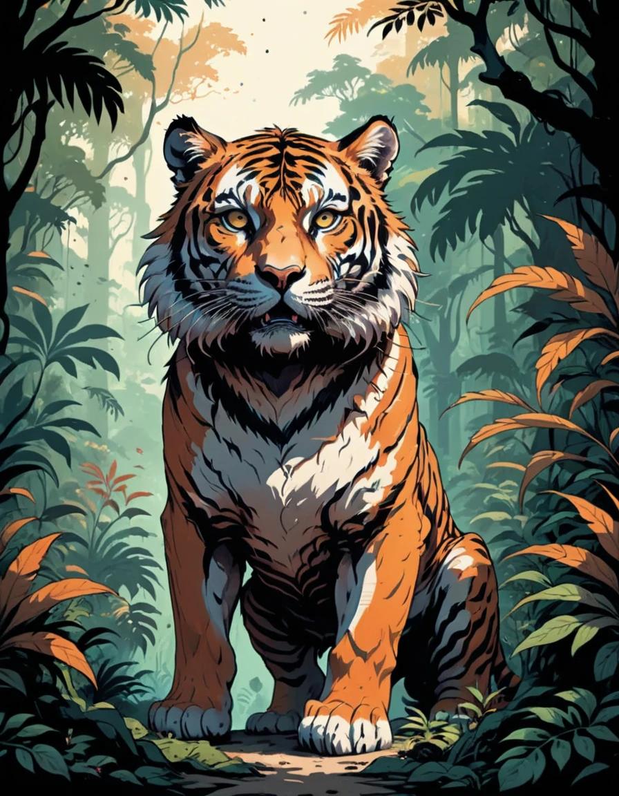 Illustration of a majestic Tiger, (powerful and regal:1.2), (striking tiger character:1.1), (piercing gaze:1.2), (beautiful fur patterns:1.1), (wild and untamed aura:1.2), (natural habitat background:1.1), (lush jungle setting:1.1), (captivating wildlife art:1.1), (detailed features:1.1), (dynamic pose:1.2), (realistic art style:1.1), (rich color palette:1.1), (expressive eyes:1.2), (strong and fierce presence:1.2), (wild beauty captured:1.2).