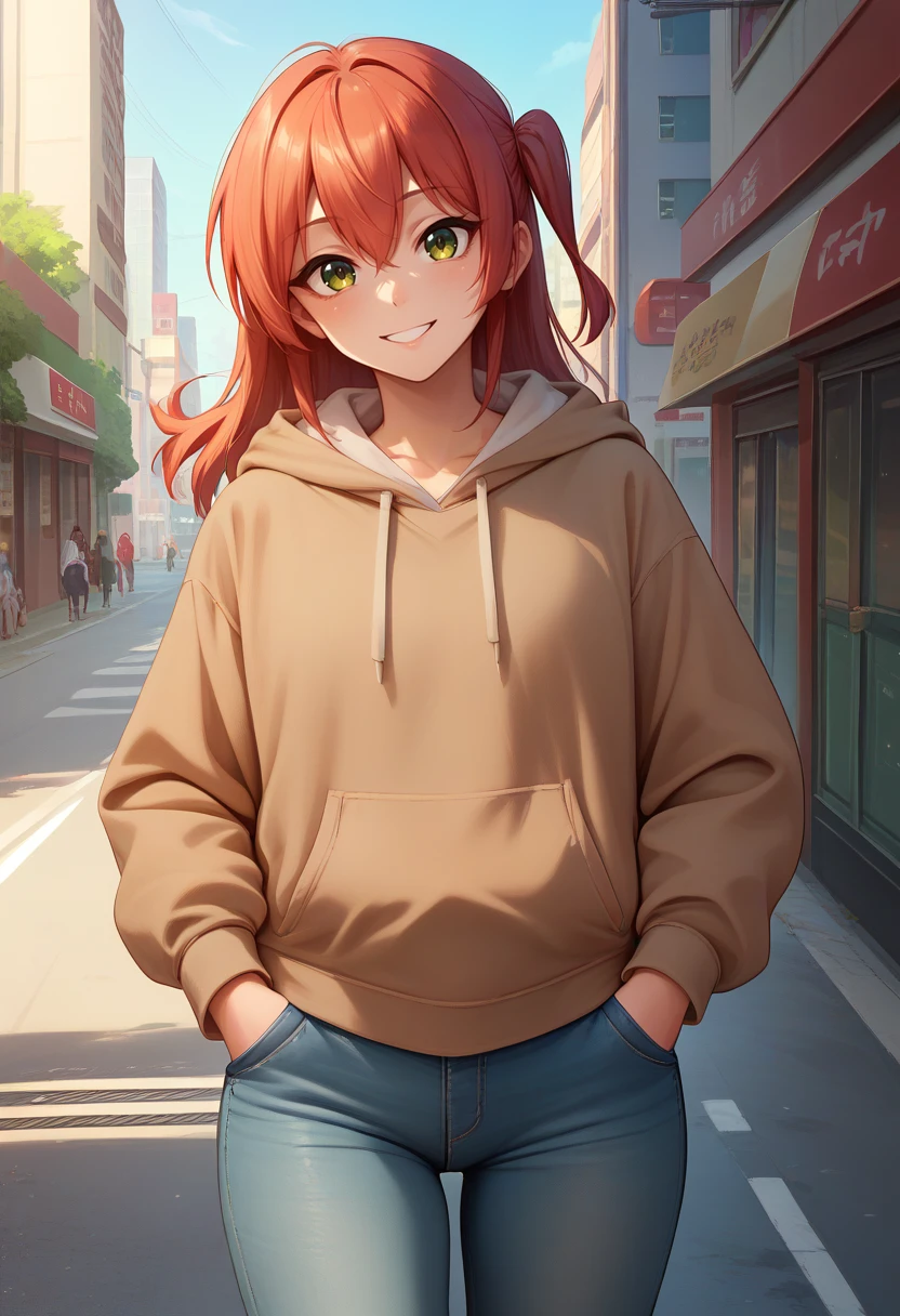 score_9, score_8_up, score_7_up, solo, 1girl, kita ikuyo, smile, looking at viewer, hand in pocket, one side up, brown hoodie, jeans, outdoors, city street <lora:bocchi_kita_ponyXL:1>