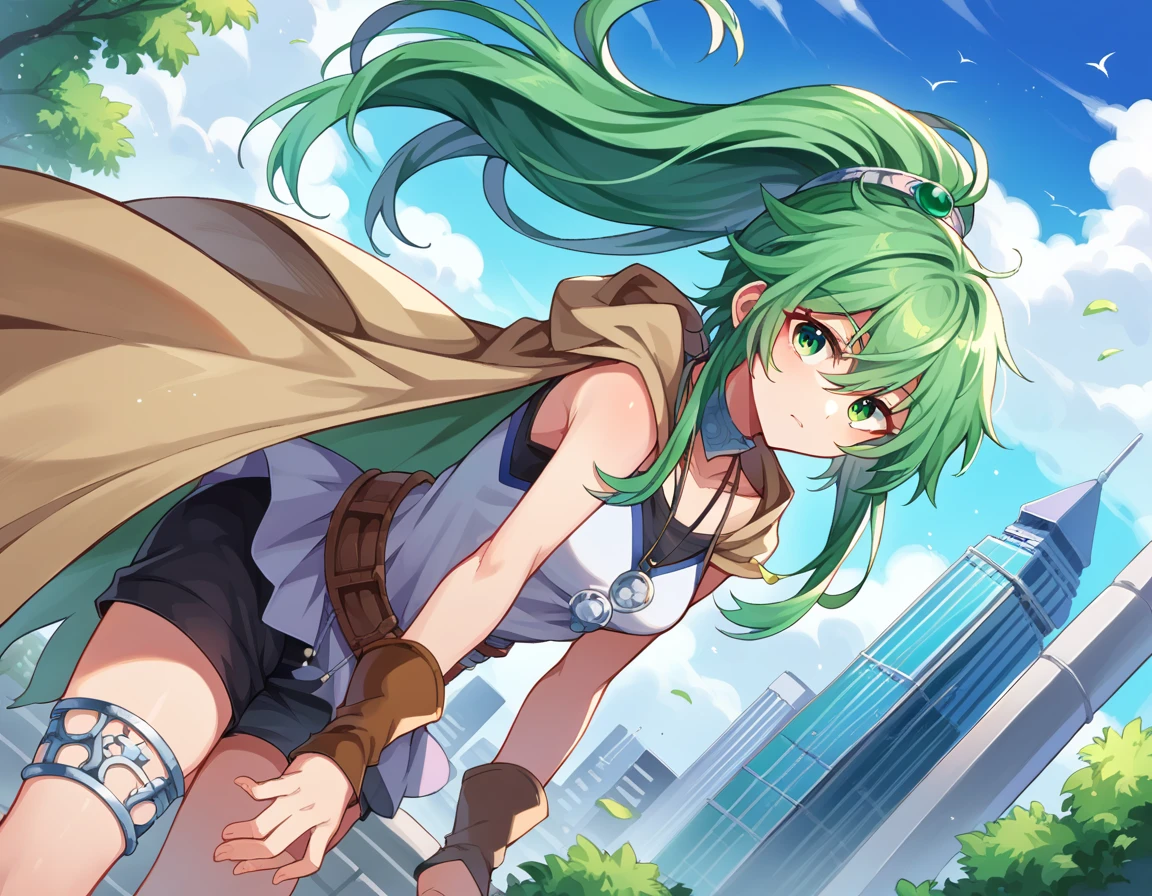 score_9, score_8_up, score_7_up, source_anime,
windapriestessofgusto, <lora:winda-priestess-of-gusto-ponyxl-lora-nochekaiser:1>,
winda priestess of gusto, green eyes, green hair, long hair, ponytail,
choker, cape, brown cape, jewelry, pendant, anklet, black shorts, collarbone, shirt, short shorts, shorts, sleeveless, sleeveless shirt, thighlet, white shirt,
outdoors, cityscape, bent over,
looking at viewer, cowboy shot, dutch angle,