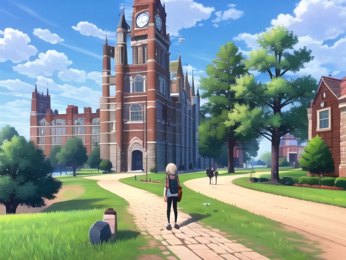 <lora:pokemonswshstyle-08:0.7>  1girl, solo, standing, outdoors, sky, shoes, day, cloud, bag, tree, blue sky, backpack, grass, building, scenery, wide shot, tower