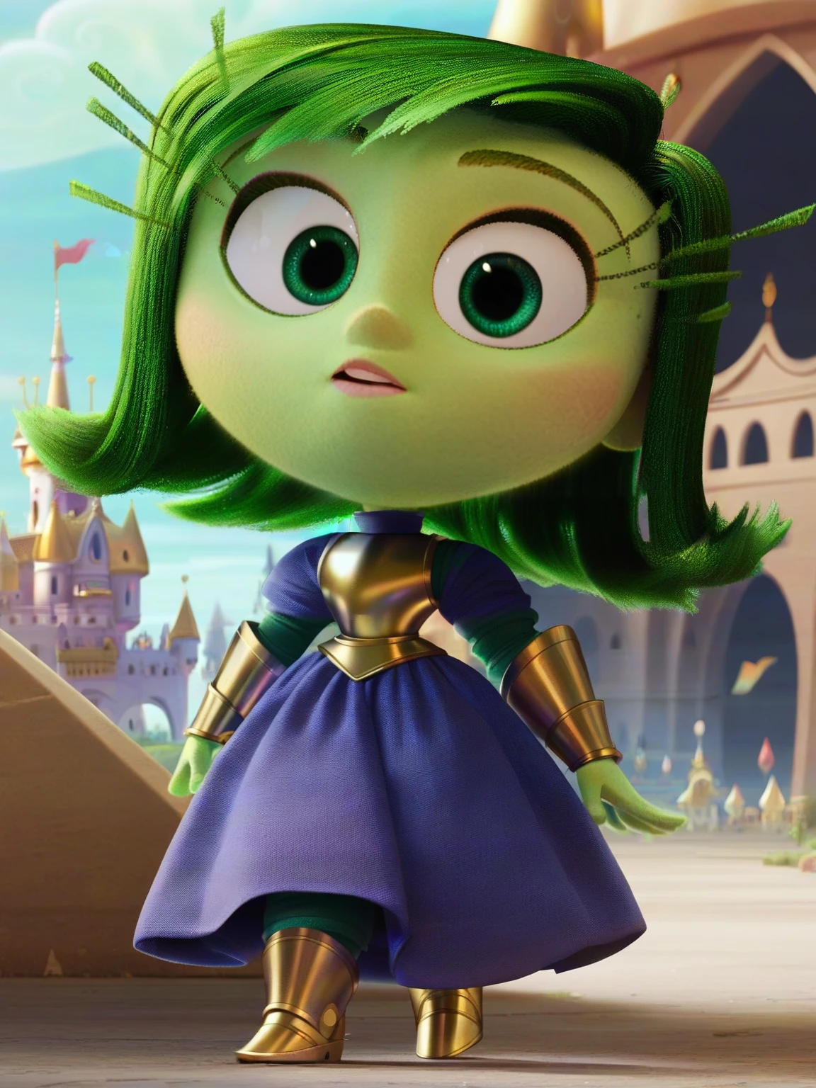 <lora:Disgust:0.6> di_st, 1girl, green hair, green eyes,  ((golden knight armore)), castle background, score_9, score_8_up, score_7_up,
