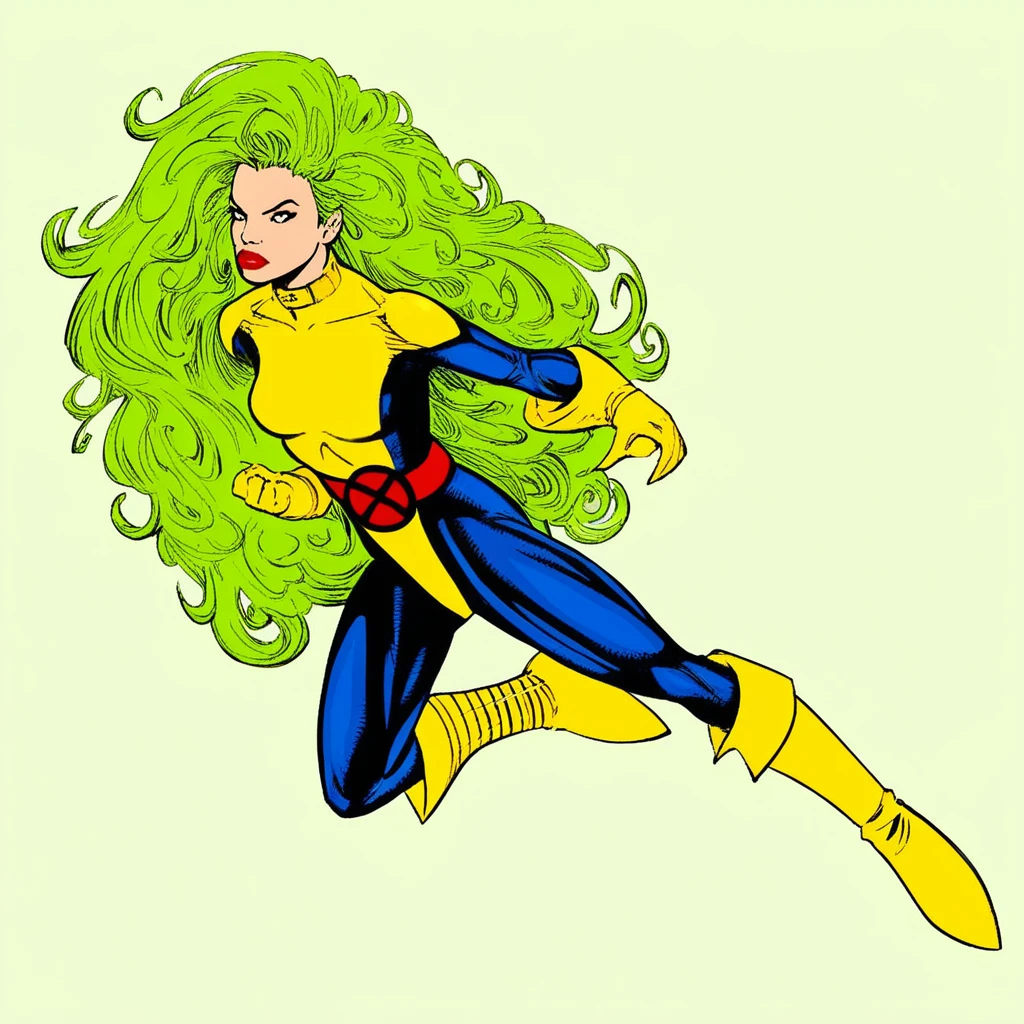 xmblzxl, 1girl, solo, green hair, long hair, yellow footwear, gloves, boots, bodysuit, white background, lipstick, belt, two tone bodysuit, yellow bodysuit, blue bodysuit