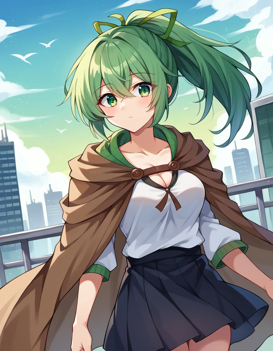 score_9, score_8_up, score_7_up, source_anime,
wynnthewindcharmer, <lora:wynn-the-wind-charmer-ponyxl-lora-nochekaiser:1>,
wynn the wind charmer, eyes visible through hair, green eyes, green hair, ponytail, ribbon, hair ribbon,
black skirt, brown cape, cape, cleavage, shirt, skirt, white shirt,
outdoors, cityscape,
looking at viewer, cowboy shot, dutch angle,