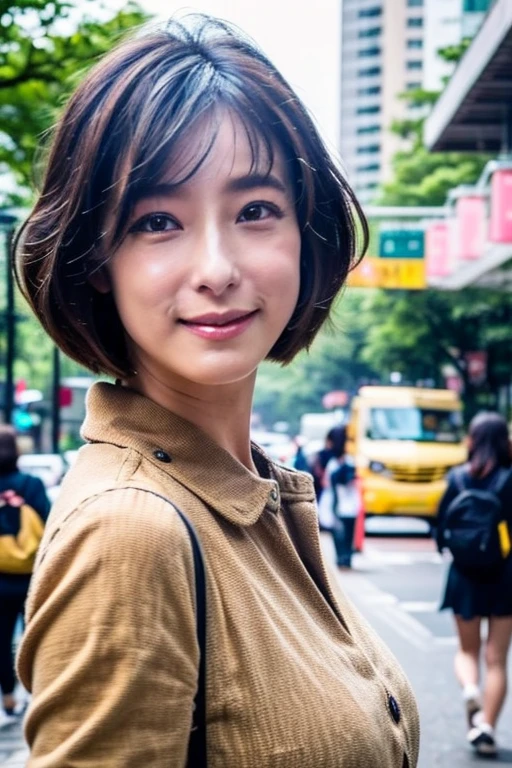 Best quality,masterpiece,ultra high res,photorealistic,1girl,taipei street alley,dynamic pose,face closeup,depth of field,upper_body,teenager,<lora:megan_lai:1>,brown hair,smile,bob cut,