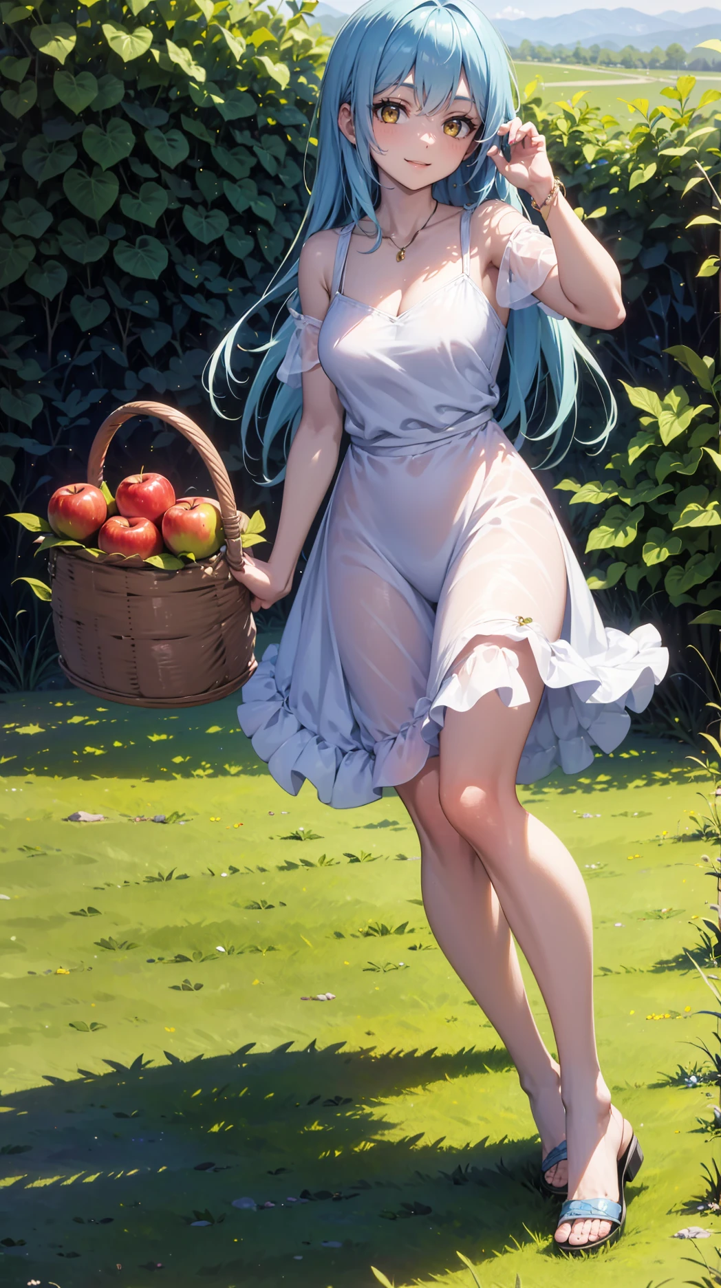 (masterpiece, best quality),ray tracing,absurdres, HDR,1girl,jewelry,, bangs,rimuru tempest,light blue hair, yellow eyes,blue dress, long hair,sandals, breats,smile, holding apple, basket, hill, field, village, looking at viewer , ,<lora:sandals_v2:0.8> <lora:rimuru female:0.8>