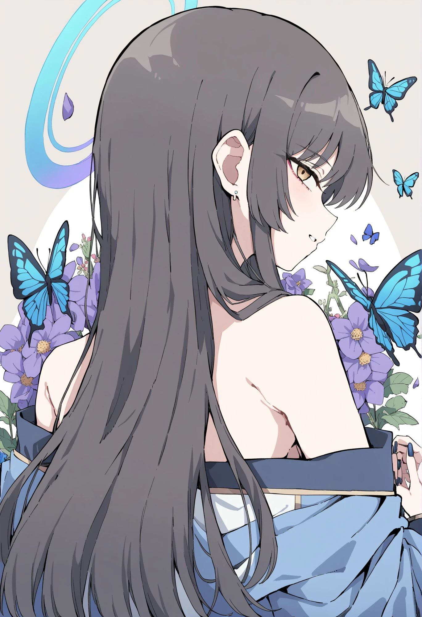 1girl, yukari \(blue archive\), blue archive,
from behind ,bedhead
,nail polish, flower, butterfly, bug, blue butterfly, blue flower, red flower, purple flower, strapless, petals,
<lora:sharp_style_magin3.1-000040:0.8>