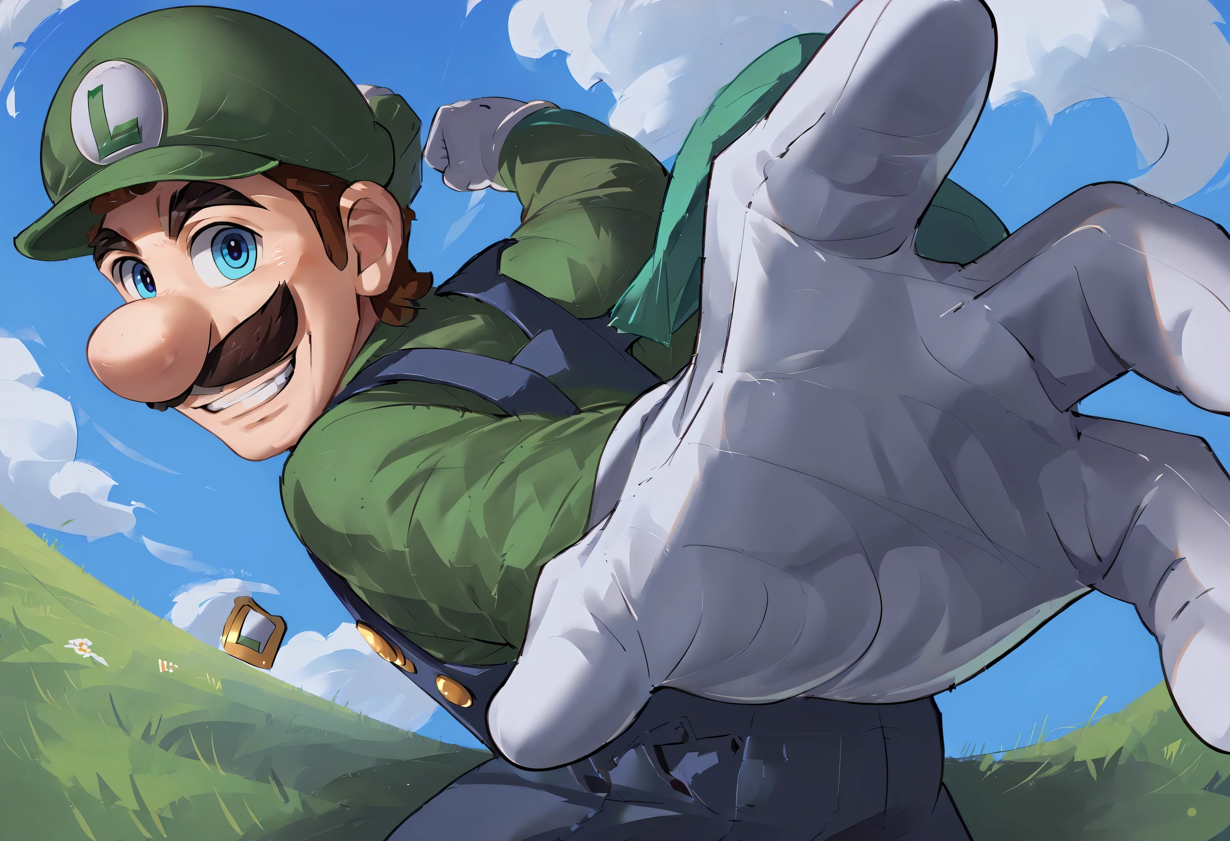 score_9, score_8_up, score_7_up, source_anime, 1boy, solo, male focus, Incrsluigi, luigi, green headwear, cowboy shot, smile, <lora:Luigi_XLPD:1>, blue overalls, white gloves, long sleeves, <lora:PepePunchMeme_XLPD:1> IncrsPunchMeme, incoming punch