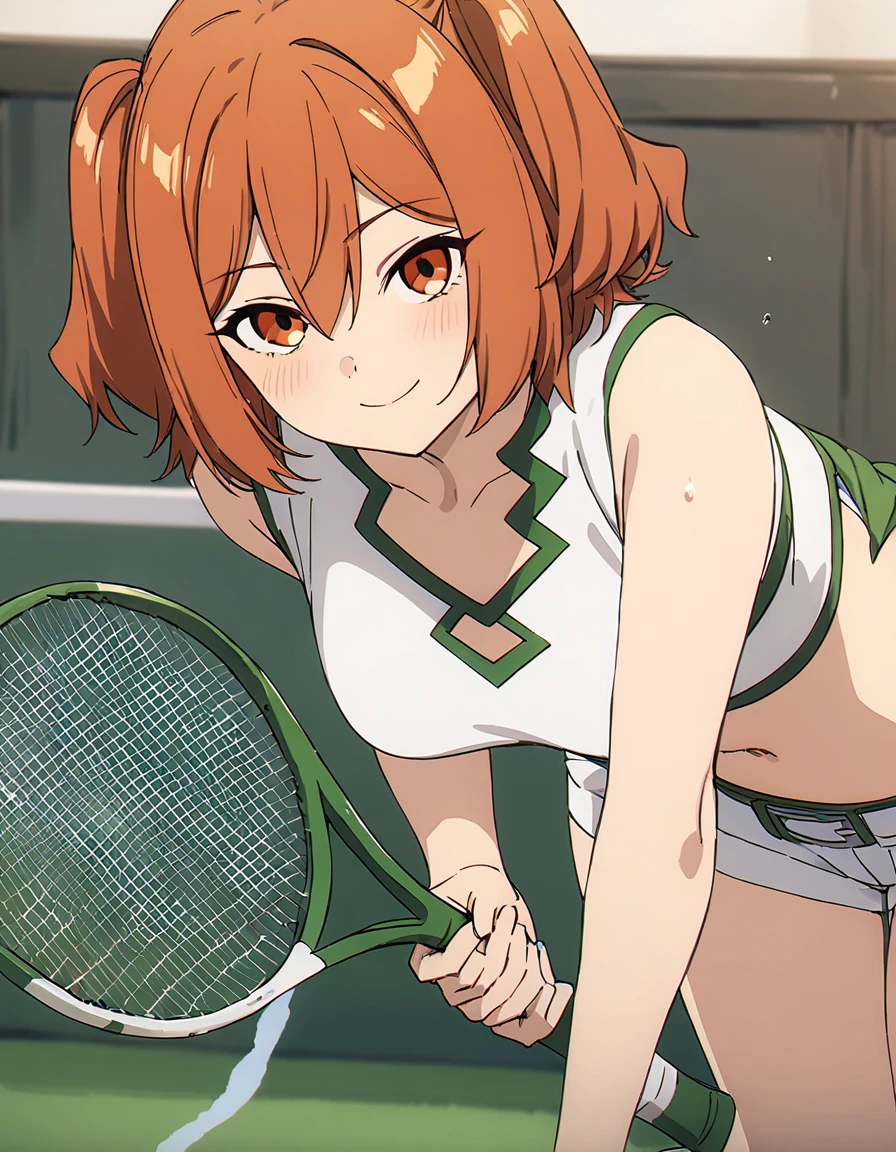 girl, kanne, smile, playing tennis,
 masterpiece, best quality, very aesthetic <lora:kanne_sdxl_v1.0:1>