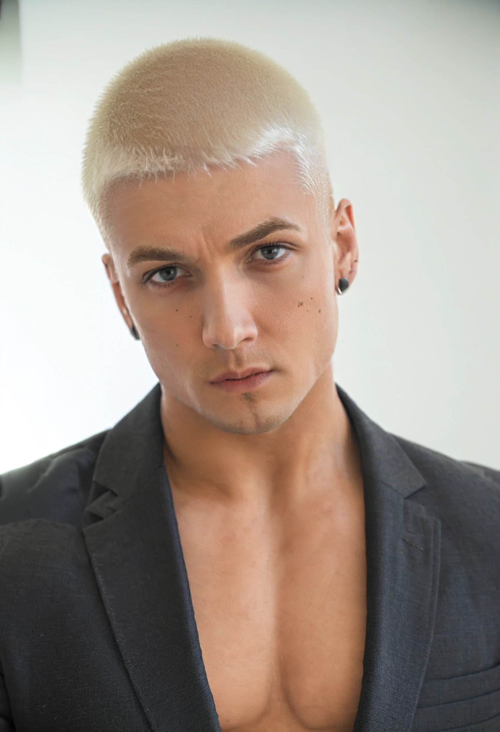 headshot photo of muscular ryanperson <lora:olaf_xl_epoch_5:1>, blond buzzcut, stud earrings, wearing suit jacket, notched lapel, shirtless, against white background, central composition
