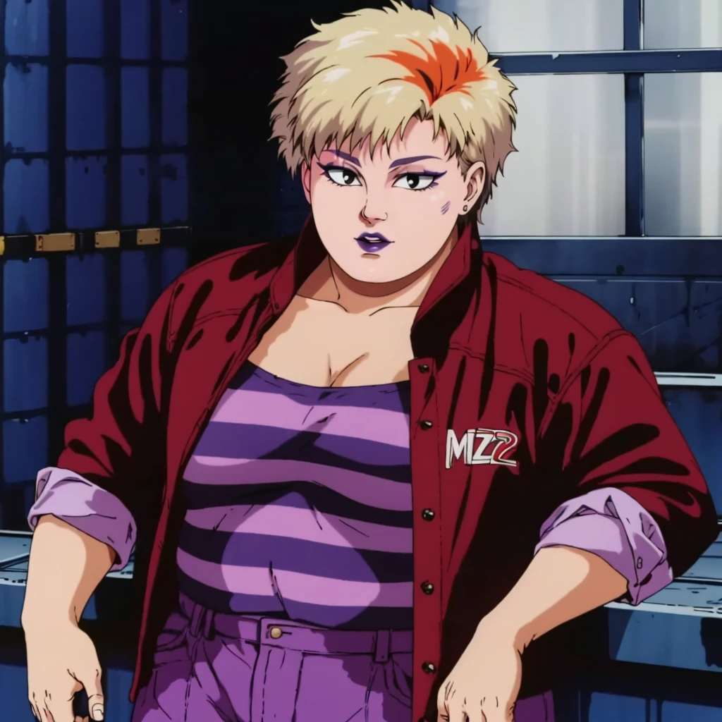 <lora:MZ2Dump001:0.7>,
solo,
MZ2Dump,1girl,multicolored hair,blonde hair,short hair,eyeshadow,black eyes,purple lips,fat,1980s (style),
red jacket,striped shirt,
purple pants,