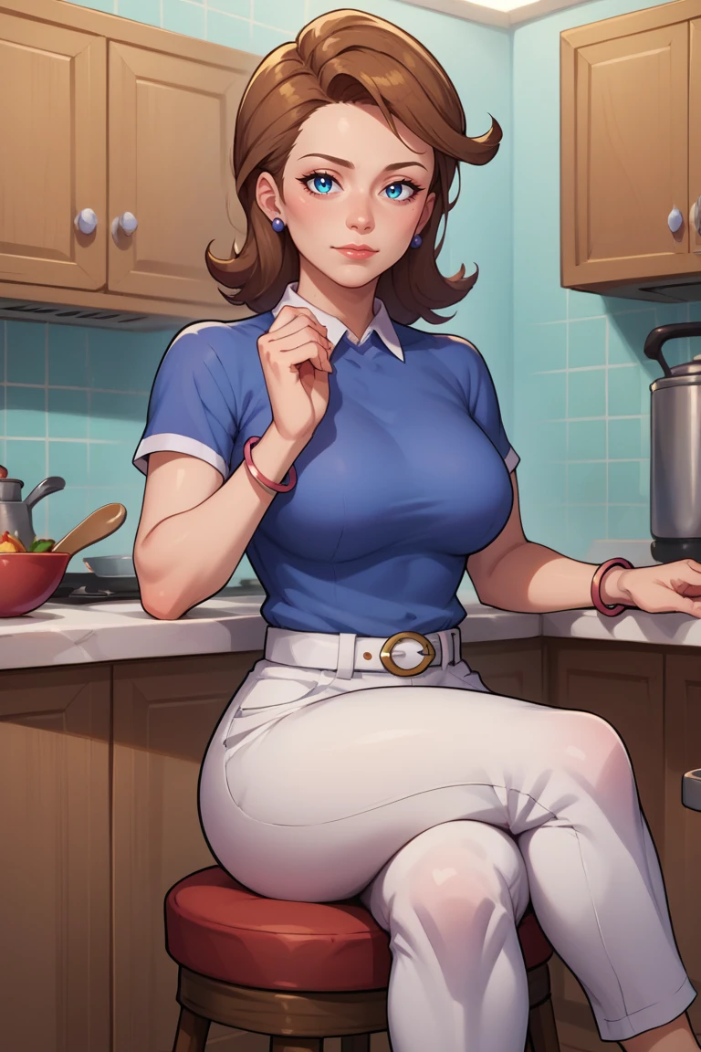 score_9, score_8_up, score_7_up, BREAK, 1girl, solo, breasts, mature female, <lora:mrsturner-guy-PONYv1:.98>, mrsturner, earrings, bracelet, blue shirt, white pants, belt, sitting, crossed legs, looking at viewer, indoors, kitchen, aqua background, depth of field, polo shirt, stool, table,