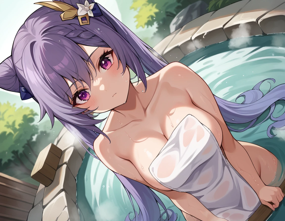 score_9, score_8_up, score_7_up, source_anime,
keqing, <lora:genshin-keqing-ponyxl-lora-nochekaiser:1>,
keqing, braid, cone hair bun, hair bun, hair ornament, long hair, purple eyes, purple hair,
nude, naked, 
outdoors, onsen, towel, naked towel, steam, bathing, nude cover, partially submerged, water, bath, steam censor, wet towel,
looking at viewer, cowboy shot, dutch angle,