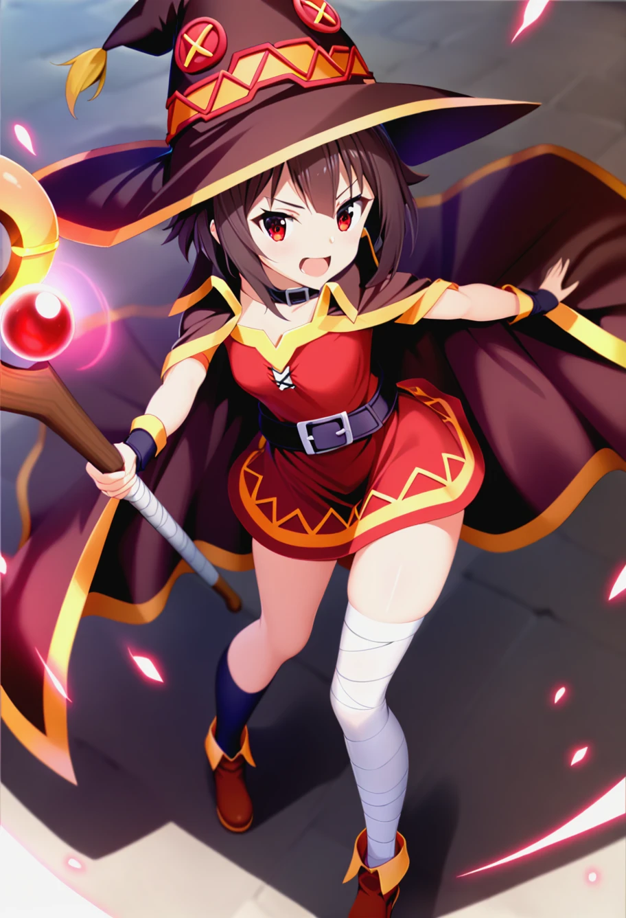 1girl,megumin_(konosuba),bandaged_leg,casting_spell,dress,full_body,hat,holding_staff,looking_at_viewer,magic,open_mouth,red_cape,<lora:anime enhancer V3 xl:1>,detailed,skin,texture,detailed skin texture,volumetric,shadow,red_dress,red_eyes,short_dress,short_hair,solo,staff,thighs,witch_hat,zettai_ryouiki,<lora:megumin_konosuba xl:0.7>,