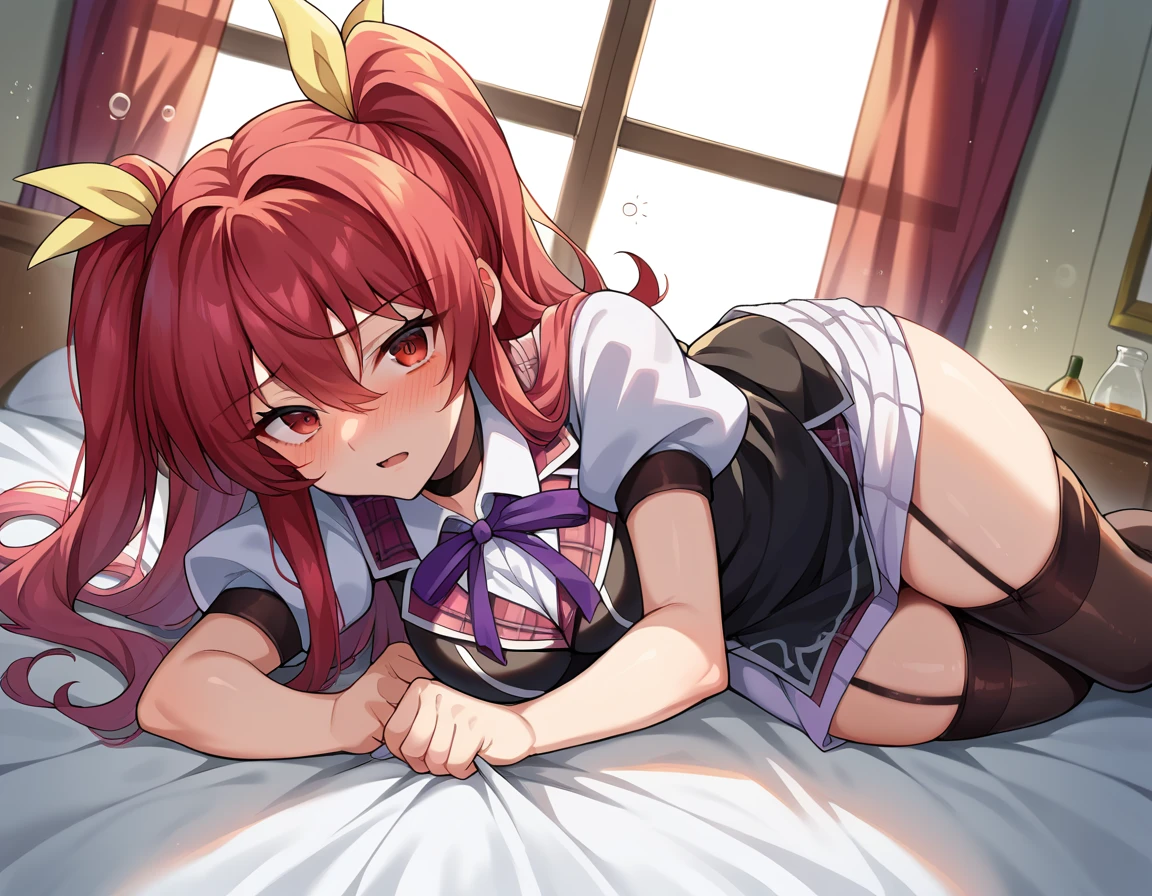 score_9, score_8_up, score_7_up, source_anime,
stellavermillion, <lora:stella-vermillion-ponyxl-lora-nochekaiser:1>,
stella vermillion, hair between eyes, hair intakes, hair ribbon, long hair, red eyes, red hair, two side up, yellow ribbon, mature female,
black choker, choker, emblem, garter straps, neck ribbon, plaid, puffy short sleeves, puffy sleeves, purple ribbon, red hair, ribbon, school uniform, shirt, short sleeves, skirt, thighhighs, white shirt, white skirt,
indoors, bed, bed room, on side, blush, drunk,
looking at viewer, cowboy shot, dutch angle,