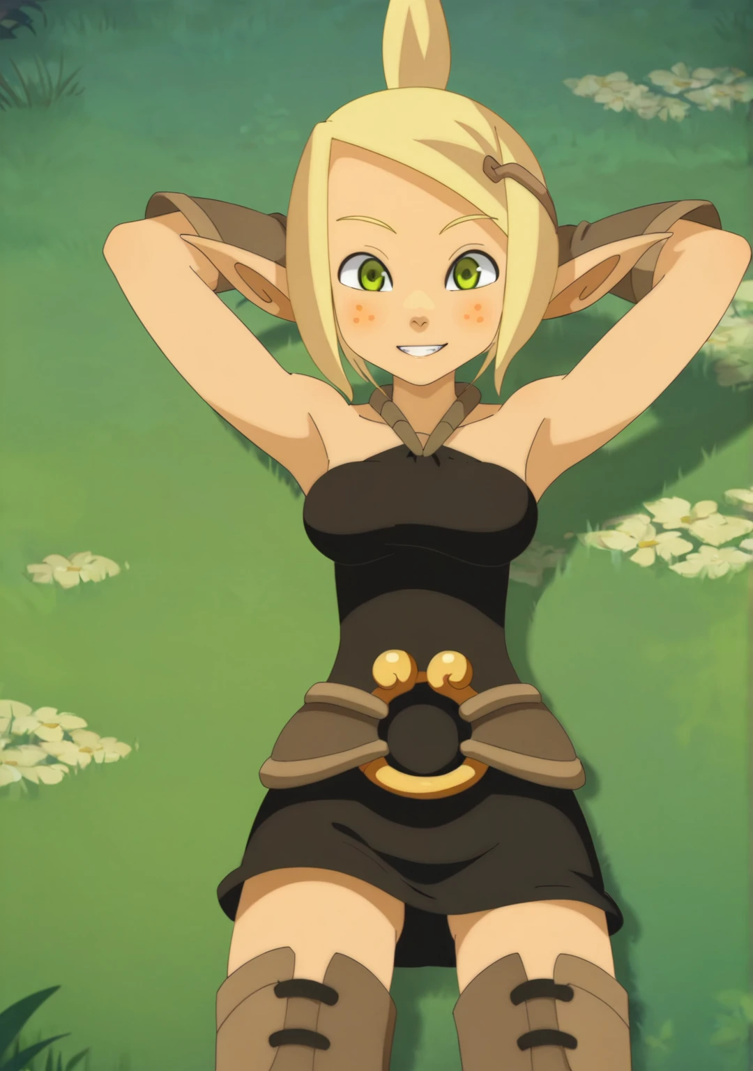 score_8_up, score_7_up, anime screenshot, looking at viewer, clouds
 <lora:Evangelyne (Autism SDXL)-000009:0.8> 1girl, evangelyne s1, short hair, ponytail, blonde hair, hair ornament, pointy ears, light freckles, green eyes, black dress, brown gloves, thigh boots, 
on back, looking at viewer, smile, arms behind head, from above, on grass, v