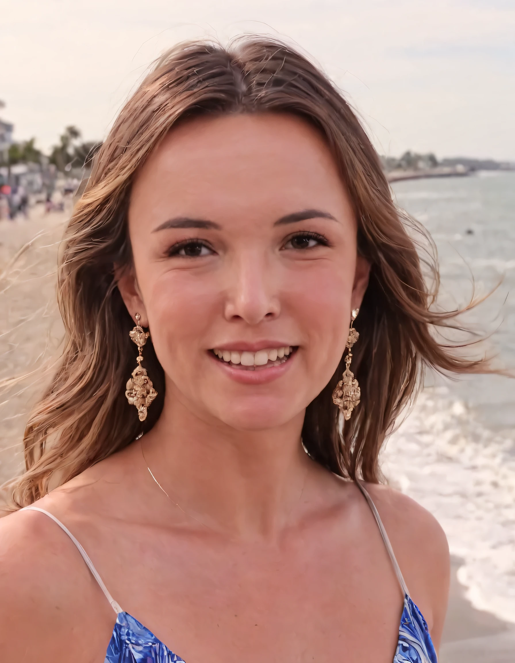 In this vivid scene, the woman, donning a captivating outfit that showcases her flair for fashion, stands gracefully on Pierson's beachfront promenade. Adorning a delicate pair of earrings and accessorizing with subtle jewelry, she turns to face the camera with long brown hair gently swaying in the ocean breeze, revealing her brown eyes as they look intently at the viewer; her parted lips break into a charming smile, perfectly framed by the scenic beauty around her. pierson <lora:znxvsx18e96dd7726m59d:1>