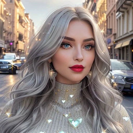 (((full-length image))) of a Woman with long, wavy silver blonde hair and a heavy makeup look, including fake lashes, winged eyeliner, and filled in brows, wearing an extremely fluffy cropped sweater, smiling and looking at the camera, showing well-arranged white teeth, vibrant red lipstick on lips, green eyes, with a background of a busy street with cars and buildings
realistic, detailed facial features, highly detailed face, necklace,((universe, mothership, yellow sparkles, hearts, glare, passionate kiss,(high quality:1.3),(best quality:1.3), (masterpiece:1.3), subtle sparkles, whimsical vibes, (detailed:1.05), (extremely detailed:1.06),sharp focus,(intricate:1.03), (extremely intricate:1.04), high contrast, soft cinematic light, soothing tones, hdr, (perfect eyes:1.1),