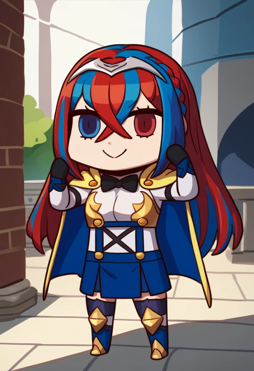 score_9, score_8_up, score_7_up, chibi, april fools, solo, 1girl, aleardef, smile, heterochromia, blue eyes, red eyes, multicolored hair, red hair, blue hair, braid, crossed bangs, very long hair, tiara, bowtie, armor, suspenders, blue skirt, thighhighs, gloves, cape, outdoors <lora:style_fgoaprilfools_ponyXL:1> <lora:alear-fe-richy-v1_pdxl:0.9>