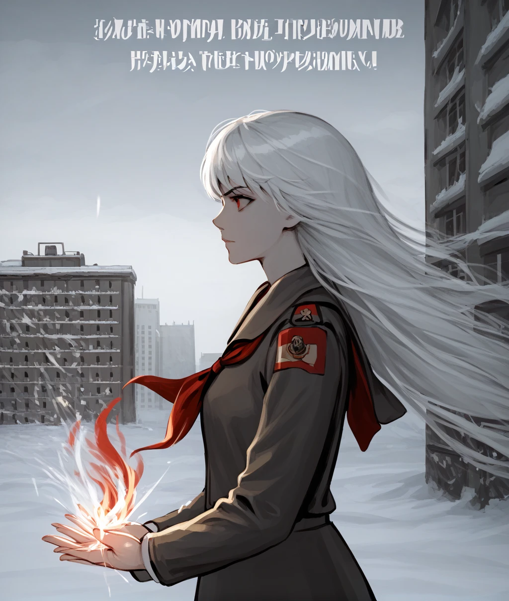 2D, anime, source_anime BREAK
(russian text:1.4), (soviet poster, poster), 
(strong wind, snow, strong storm, dark clouds, building), 
(red, monochrome:1.2), 
1girl, solo, (red flame, cupping tiny flame on her hands:1.4), looking forward, long hair, white hair, red eyes, cupping hands, 
from side, upper body, 
Soviet schoolgirl uniform, red neckerchief, 
<lora:Soviet_Schoolgirl_Uniform:0.7>, 
<lora:CCCPposter-ponyXL:0.7>,