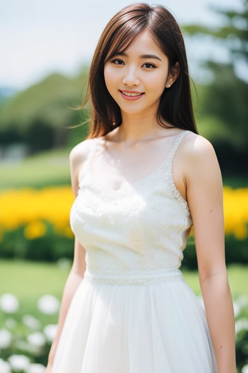 1girl,(RAW photo, best quality), (realistic, photo-realistic:1.4), masterpiece, an extremely delicate and beautiful, extremely detailed, 2k wallpaper, Amazing, finely detail, extremely detailed CG unity 8k wallpaper, ultra-detailed, highres, soft light, beautiful detailed girl, extremely detailed eyes and face, beautiful detailed nose, beautiful detailed eyes,cinematic lighting,perfect anatomy,slender body,
wearing a white avantgarde peplum dress,(bokeh:1.2),
at a flower park,sakura flowers,flower garden,smile
 <lora:aoyamanagisaV2_lora:0.8>