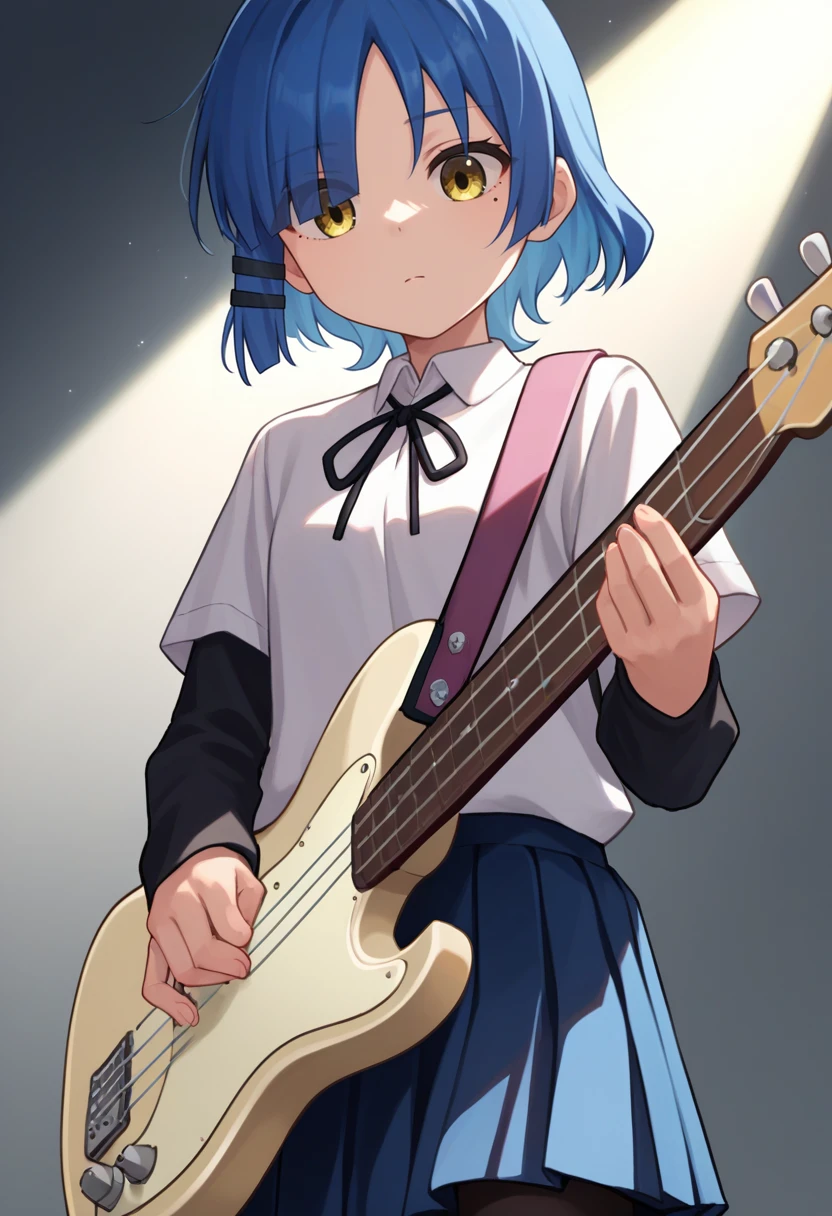 score_9, score_8_up, score_7_up, source_anime, solo, 1girl, yamada ryo, mole under eye, expressionless, looking down, playing instrument, holding bass guitar, hairclip, shimokitazawa high school uniform, white shirt, neck ribbon, short over long sleeves, short sleeves, black sleeves, blue skirt, pleated skirt, black pantyhose, spotlight <lora:bocchi_yamada_ponyXL:1>