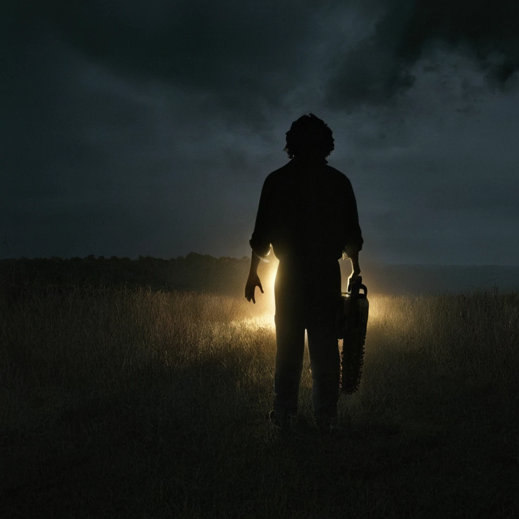 Horror-themed,  <lora:Leatherface:1>
Leatherface a person standing in a field with a car in the background,The Texas Chain Saw Massacre style,solo,1boy,standing,outdoors,from behind,glowing,scenery,floating,walking,light,dark , realistic, sharp, detailed, classic, 1970's, horror, photography, artistic, perfect chainsaw, crazy, Eerie, unsettling, dark, spooky, suspenseful, grim, highly detailed