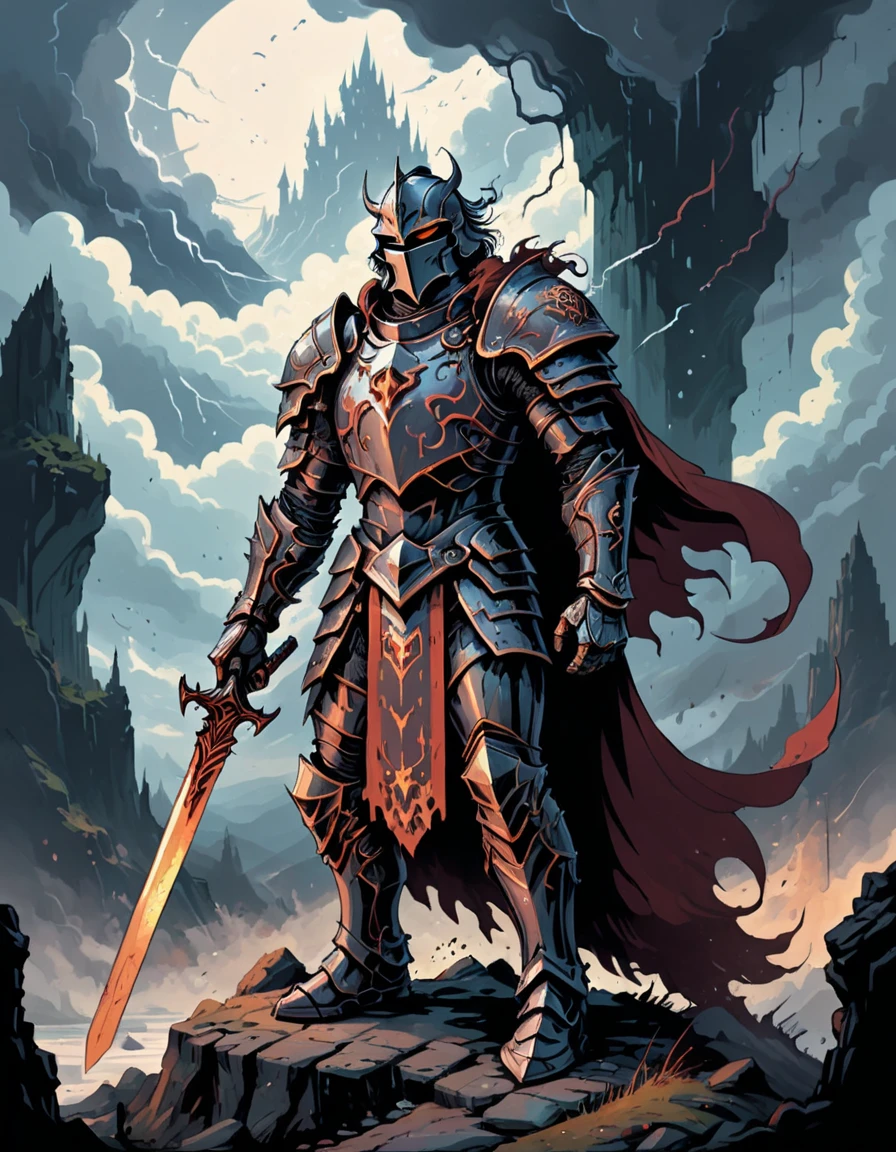 Fantasy illustration of a knight in heavy armor, (crucible knight:1.3) holding a glowing sword aloft, (enchanted armor:1.2) with intricate designs, (magical energy:1.1) emanating from the weapon, (epic battle stance:1.2) on a rocky cliff edge, overlooking a vast landscape, (mystical runes:1.1) carved into the ground, (ominous storm clouds:1.2) gathering in the sky, (dramatic lighting:1.1) casting shadows, (detailed armor embellishments:1.2) reflecting light, (fantasy creature silhouettes:1.1) in the distance, (dynamic pose:1.2) emphasizing strength and determination, (rich color palette:1.1) enhancing the magical atmosphere, (fierce expression:1.2) on the knight's face, (flowing cape:1.1) billowing in the wind, (intricate weapon design:1.2) with glowing gemstones, (epic fantasy setting:1.2) with a sense of adventure and danger.