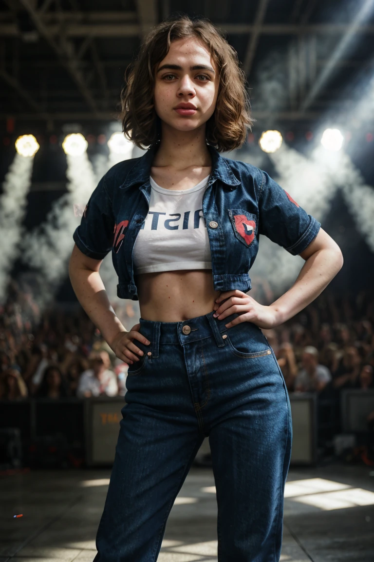 tv_Solomiya_Maievska_M_v2, , , intense expression, wearing jeans and a t-shirt, standing on the stage at a crowded rock concert, spotlights, god rays, smoky interior,, 8k resolution, highres, high detail, sharp focus, detailed skin, 8k uhd,