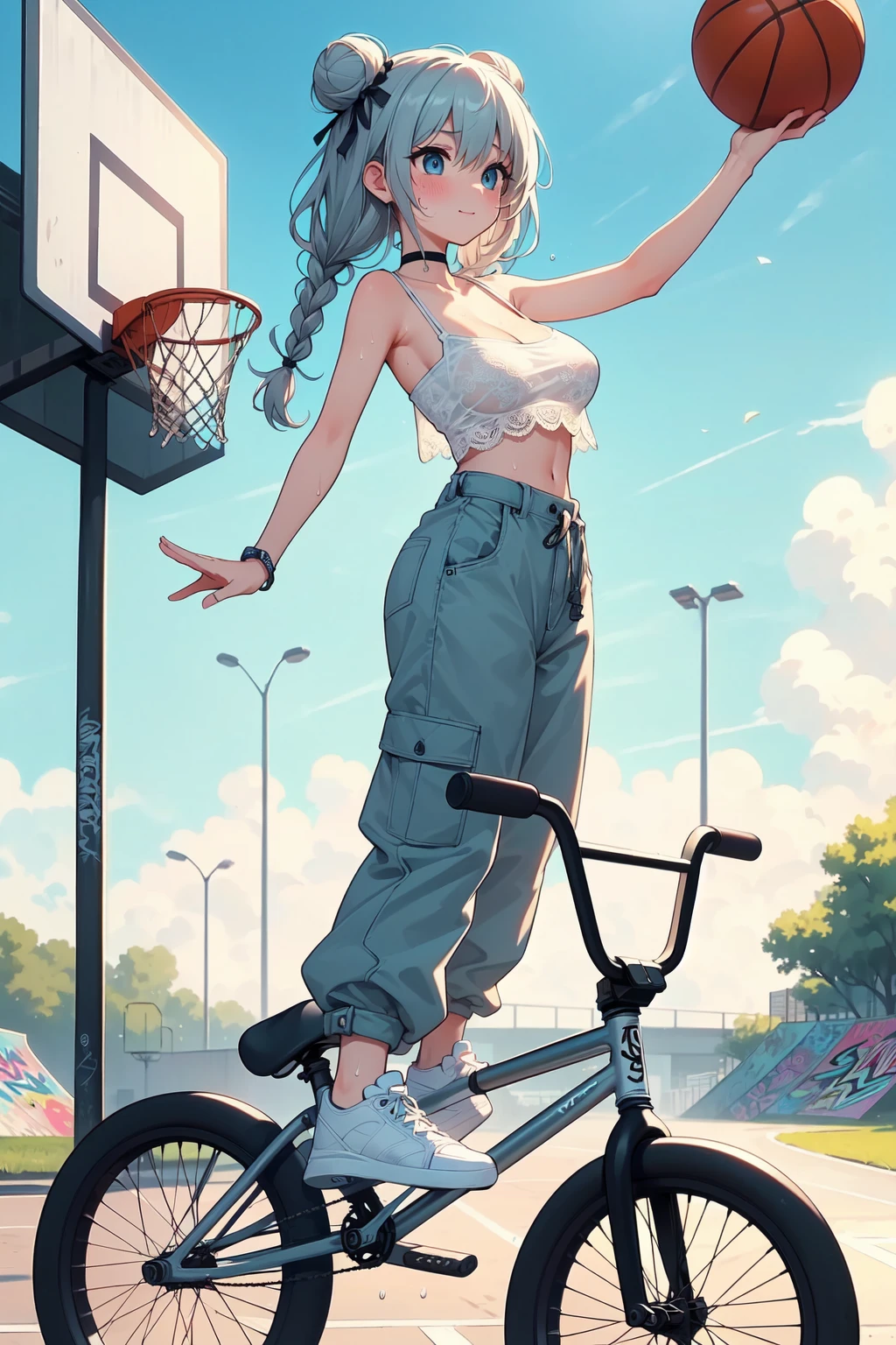 (((masterpiece))), (((best quality))), (((dancing on bmxbike))), (((slamdunk on basketball hoop))), (((holding a basketball))), ((raise arms)), ((crowd)), ((fluttering hair)), ((sneakers on bike)), lace tube top, low rise pants, choker, graffiti, underpass skatepark, outdoor basketball court, lamppost, (((colorful cloudy sky))), solo, 1girl, light smile, gray hair, twin bun, twin braids, collarbone, cleavage, (((big tits))), shy, blush, (((sweat))), <lora:girllikebasketballbmxbike:0.9>