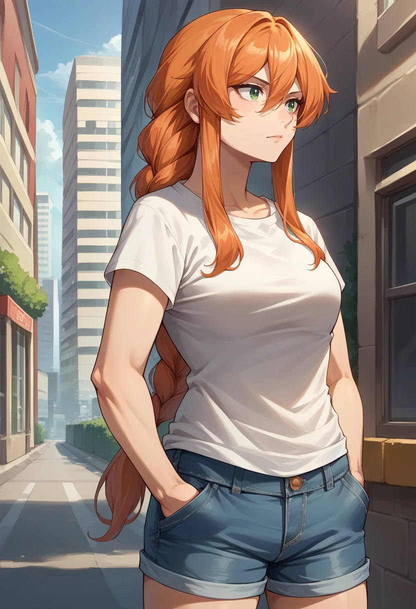 score_9, score_8_up, source_anime, 1girl, solo, FlammeFrieren, orange hair, green eyes, long hair, braided ponytail, t-shirt, denim shorts, standing, outdoors, city, hands in pockets, <lora:ChamFlammePonyXL:1>