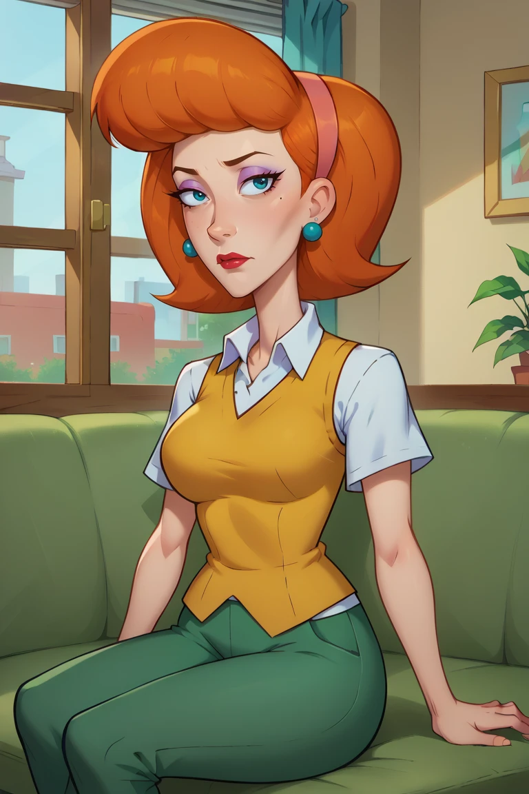 score_9, score_8_up, score_7_up, BREAK, 1girl, solo, breasts, mature female, <lora:lindaflynnfletcher-guy-PONYv1:1>, lindaflynnfletcher, makeup, hairband, earrings, white shirt, collared shirt, vest, short sleeves, green pants, sitting, indoors, living room, window, couch,