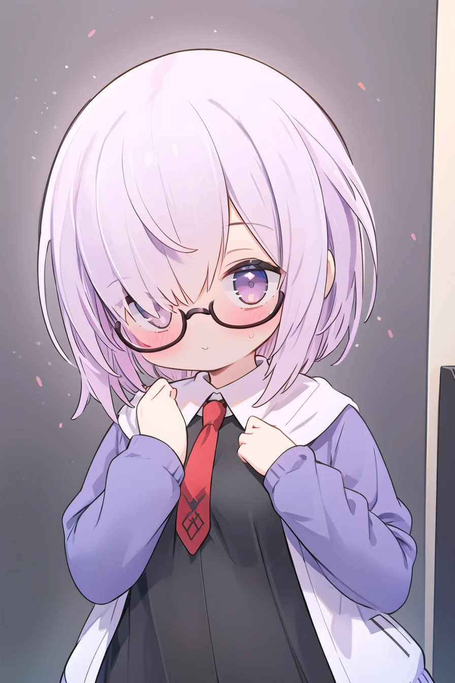 (masterpiece),best quality,<lora:fate_mashkyrielight_v2-12:0.75>,kyriedef, hair over one eye, glasses, jacket, black dress, red necktie, pantyhose